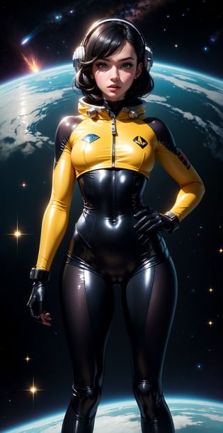 a girl, thunder yellow jacket, tight suit,Space helm of the 1960s,and the anime series G Force of the 1980s,Darf Punk wlop glossy skin, ultrarealistic sweet girl, space helm 60s, holographic, holographic texture, the style of wlop, space, black hair,