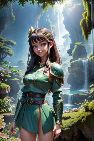 N64 illustration,1 (((skinny))) ((young)) ((Meika woollard)) teen girl knight, ((caucasian high detaild skin)), (beautiful cute detailed face), (beautiful detailed green eyes), ((tiny breast)), (((slim hips))), (((slim legs))), slender body, ((posing)), solo, ((detailed scaly steel plate armor, belt, buckle, ((in beautiful stunning bizarre rocky waterfall paradise garden)), ((misty air particles)), ((smiling)), (intricately detailed diverse jungle vegetation)), ((intricately detailed background)), (intricate details cumulus cloud sky) 8k uhd, cinematic soft lighting, god rays