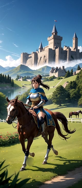 Capture the essence of epic clashes and scenic beauty with this battle wallpaper, (((Picture a beautiful young female warrior riding a horse through a medieval battleground))). In the background, a majestic stone castle overlooks a tranquil lake, while sheep graze peacefully in a lush garden. Towering mountains frame the horizon under a picturesque sky. This scene, inspired by Age of Empires, combines the thrill of speed with the grandeur of medieval times, creating a truly captivating wallpaper
 