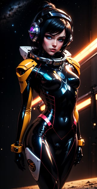 a girl, thunder yellow jacket, tight suit,Space helm of the 1960s,and the anime series G Force of the 1980s,Darf Punk wlop glossy skin, ultrarealistic sweet girl, space helm 60s, holographic, holographic texture, the style of wlop, space, black hair,mecha musume,*see the examples*,perfecteyes