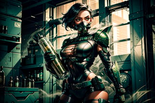 Viper is a stunning figure with luscious black short hair and captivating green eyes. The sleek black shoulder plates and thigh-high boots perfectly complement her green suit. It's genuinely remarkable how her mask seamlessly transforms into a gas mask during her ultimate ability, and the container of toxins she carries on her back only adds to her impressive arsenal.,Science Fiction