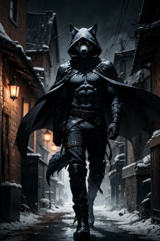 A figure appeared from a dimly lit alley wearing a black winter cape and a wolf's head hood. Their movements were graceful, and they radiated an aura of strength and danger. They seemed like a guardian of secrets, a sentinel of the night who had forged an unbreakable bond with the wild and untamed.