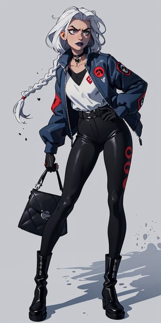 ((masterpiece, best quality, highres:1.2)) This is a high-resolution of a lighter-skinned slim woman with a highly grungy aesthetic. She wears dramatic black rectangular eyeshadow, black lipstick, dark oval markings on her face and neck, and black-white hair that transitions from black to white. The paw print-like marking on her neck and the paw prints on the soles of her shoes.  She wears an outfit composed of dark blue and black accents, such as her shirt and sleeves - which are ripped, matching the gloves she wears, which expose hands adorned with henna. Her blue jacket sports a Nazar, or 'Evil Eye,' a symbol of protection from misfortune in Türkiye and nearby countries. With a spiky purple collar and silver lining, her jacket is also marked with shapes in this same color. Her black and dark blue pants, with stitched detailing on her left thigh. On her waist is a second Nazar, where her two bags are: a black one on her right thigh and a purple one on her left hip. She has steel-capped black leather-look boots with paw prints on the sole. 