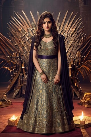 Full body, a Indian model Shirley setia as a game of thrones character ,  detailed face,  clear face,  Portrait, cinematic shot of game of thrones,  game of thrones dress, dragons in the background 