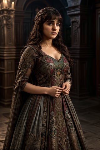 Full body, a Indian model Shirley setia as a game of thrones character ,  detailed face,  clear face,  Portrait, cinematic shot of game of thrones,  game of thrones dress, dragons in the background ,Indian