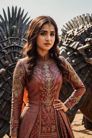 Full body, a Indian model Shirley setia as a game of thrones character ,  detailed face,  clear face,  Portrait, cinematic shot of game of thrones,  game of thrones dress, dragons in the background 
