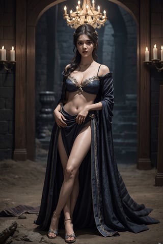 Full body, a Indian model kriti sanon as a game of thrones character ,  detailed face,  deep cleavage,  navel,  clear face,  Portrait, cinematic shot of game of thrones,  game of thrones dress, dragons in the background 