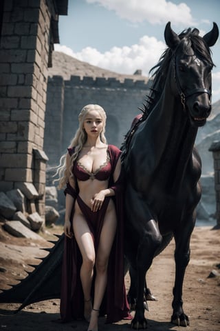 Full body,  sexy,  Hot model,  detailed face,  deep cleavage,  navel,  clear face,  Portrait, cinematic shot of game of thrones,  game of thrones dress, dragons in the background 