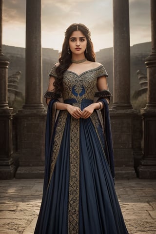 Full body, a Indian model Shirley setia as a game of thrones character ,  detailed face, seductive look ,  clear face,  Portrait, cinematic shot of game of thrones,  game of thrones dress, dragons in the background 