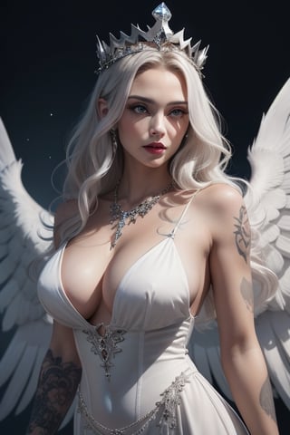 Beautiful woman, with long white curly hair, wearing diamond necklace, wearing long white goddess dress, wearing big angel wings cyberpunk, realistic face, realism, ultra high quality, ultra high definition , gothic punk, Victorian dress,wearing a diamond crown on her head, sky behind her, her body is covered in tattoos,