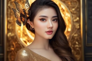 Portrait image , 8k portrait of beautiful cyborg with brown hair, intricate, elegant, highly detailed, majestic, digital photography, art by artgerm and ruan jia and greg rutkowski surreal painting gold butterfly filigree, broken glass, (masterpiece, sidelighting, finely detailed beautiful eyes: 1.2), hdr, realistic, high definition, 