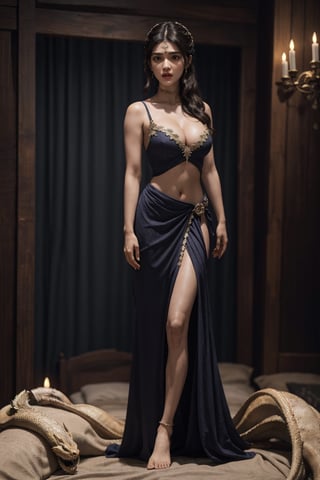 Full body, a Indian model kriti sanon as a game of thrones character ,  detailed face,  deep cleavage,  navel,  clear face,  Portrait, cinematic shot of game of thrones,  game of thrones dress, dragons in the background 