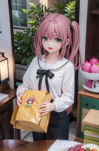 Best Quality, Masterpiece, Hi-Res, Solo, (anya_forger_spyxfamily:1.15), (((Pink Hair, more big eyes, Green Eyes))), Open Mouth, Bangs, 1 Girl, Closed Mouth, Meme, Ahoge, Upper Body , medium hair, forest, 15 years old, serafuku, bookshelf, petite, small, bob cut, 
