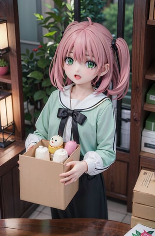 Best Quality, Masterpiece, Hi-Res, Solo, (anya_forger_spyxfamily:1.15), (((Pink Hair, more big eyes, Green Eyes))), Open Mouth, Bangs, 1 Girl, Closed Mouth, Meme, Ahoge, Upper Body , medium hair, forest, 15 years old, serafuku, bookshelf, petite, small, bob cut, 
