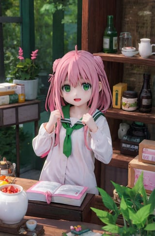 Best Quality, Masterpiece, Hi-Res, Solo, (anya_forger_spyxfamily:1.15), (((Pink Hair, more big eyes, Green Eyes))), Open Mouth, Bangs, 1 Girl, Closed Mouth, Meme, Ahoge, Upper Body , medium hair, forest, 15 years old, serafuku, bookshelf, petite, small, bob cut, 
