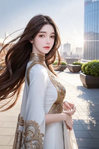 8k beautiful girl with brown hair flying in the wind, intricate, graceful, highly detailed, majestic, digital photography, standing in the middle of a sparkling modern city (masterpiece, side light, highly detailed beautiful eyes: 1.2 ), hdr, (background window detailed to new dimensions, plants and flowers:0.7) infinity, infinity symbol,
