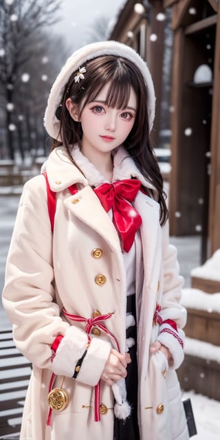 best quality,HDR,UHD,8K,Vivid Colors,solo,photo_,(1girl:1.3),(standing:1.3),(looking at viewer:1.4),Elegant,detailed gorgeous face,(upper body:1.2),bright,(snowing background:1.2),(pale skin:1.4),,Twinkle,cream coat, fur collar,bow, 