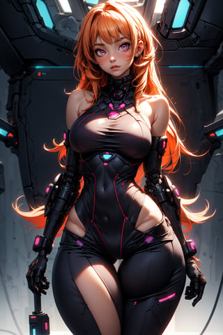(highres, intricate details, best quality), 1girl, long orange hair, purple eyes, mecha arms, cybepunk, toned, (original clothing),looking at viewer, futuristic spaceship interior,  cinematic lighting, depth_of_field, cowboy_shot, ((standing, perfect breasts, big breasts, bare shoulders, skinny, narrow waist, wide_hip, thick thighs):1.5)