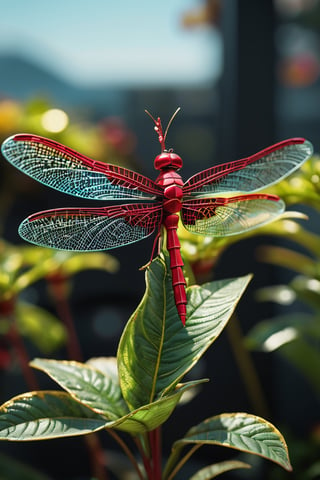 ((Extremely Realistic)),masterpiece, best quality, ultra-detailed, 8K, A conceptual art piece of a futuristic edges polygonal gorgeous Dragon Fly Sculpture with Vivid red metallic accents and Golden intricate details as a flowering pot with a bush shaped plant as unique hair. ((RAW photo Canon EOS 5D Mark IV, 1/125s, f/2.8, ISO 100, shallow depth of field)) (4k: 0.91), (raw photo: 0.91), (best quality: 0.91), (depth of field: 0.91), (ultra high res: 1.1), (absurdres: 0.91), (intricate: 0.91), (photorealistic: 0.91), (masterpiece: 0.91), (ultra-detailed: 1.2) rule of thirds, dramatic lighting, ambient lighting, sidelighting, photorealistic., conceptual art, cinematic, 3d render