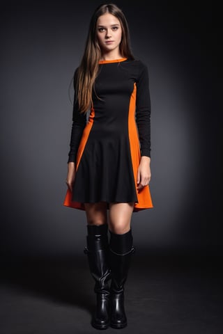 ((Extremely Realistic)), cinematic moviemaker style, optical illusion dress" "contrast dress" black and orange 25 year old girl long hair black Moon boots long legs office, photo, fashion