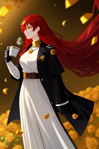 long red haired girl, white clothes shaped like bandages , black jacket, golden accesories, golden roses, golden pendants, drinking coffee, black gloves, golden laurel leaves on the clothes