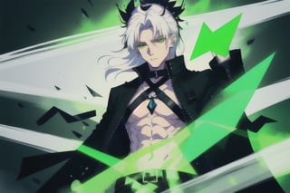 Viego, green sword, black sword, long sword, soul legion, black mist, masculine, man, abs, black jacket, white hair, void heart, lost souls, small green mist triangle on the chest, green chest triangle hole green crown,