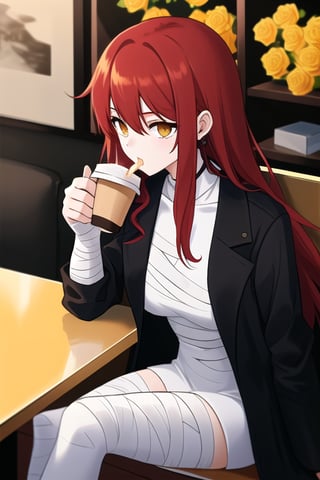 long red haired girl, white clothes shaped like bandages , black jacket, golden accesories, golden roses, drinking coffee

