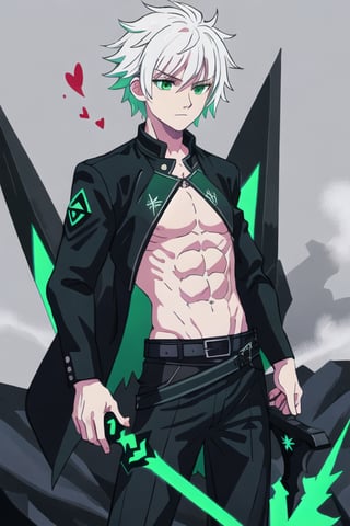 green sword, black sword, long sword, soul legion, black mist, masculine, man, abs, black jacket, white hair, void heart, lost souls, small green mist triangle on the chest, green crown,