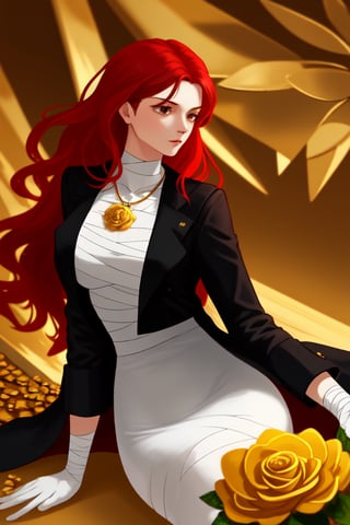 long red haired girl, white clothes shaped like bandages , black jacket, golden accesories, golden roses, golden pendants, drinking coffee, black gloves, golden laurel leaves on the clothes