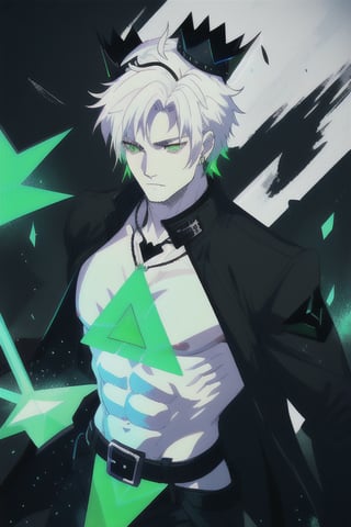 Viego, green sword, black sword, long sword, soul legion, black mist, masculine, man, abs, black jacket, white hair, void heart, lost souls, green mist triangle on the chest, green chest triangle hole green crown,