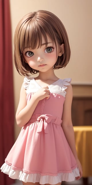 ((6year old girl:1.5)), loli, petite girl,  whole body, children's body, bangs,((brown hair:1.3)),high eyes,(green eyes), petite,tall eyes, beautiful girl with fine details, Beautiful and delicate eyes, detailed face, Beautiful eyes,natural light,((realism: 1.2 )), dynamic view shot, cinematic lighting, perfect composition, by sumic.mic, ultra detailed, masterpiece, (best quality:1.3), reflections, extremely detailed cg unity 8k wallpaper, detailed background, masterpiece, best quality , (masterpiece), (best quality:1.4), (ultra highres:1.2), (hyperrealistic:1.4), (photorealistic:1.2), best quality, high quality, highres, detail enhancement,((very short hair:1.4)),
((tareme,animated eyes, big eyes,droopy eyes:1.2)),Random poses((random expression)),((pink dress))