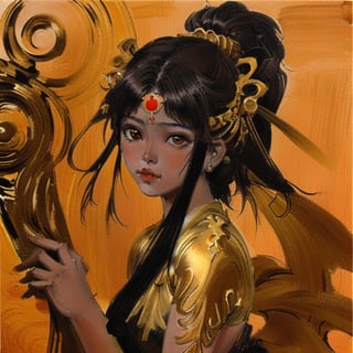 balinese girl, painting, 1970s, limbo background, brown-ish, golden ornament