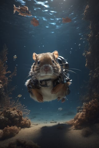 This photo captures the mesmerizing magic of the underwater world. The 4K and 8K resolution brings out the intricate details, allowing us to appreciate the masterpiece of this scene. The perfect focus and clear focus create a cinematic shot that is both realistic and awe-inspiring. The cyborg style and cinematic lighting add a futuristic touch to the composition. The android-like figure of the hamster, surrounded by the enchanting underwater environment, gives it a mecha-like appearance. It's like a movie or film still, evoking a sense of wonder and fascination.