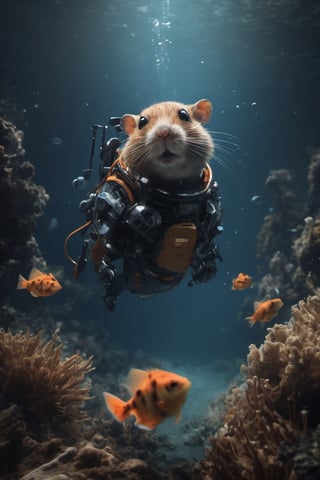 This photo captures the mesmerizing magic of the underwater world. The 4K and 8K resolution brings out the intricate details, allowing us to appreciate the masterpiece of this scene. The perfect focus and clear focus create a cinematic shot that is both realistic and awe-inspiring. The cyborg style and cinematic lighting add a futuristic touch to the composition. The android-like figure of the hamster, surrounded by the enchanting underwater environment, gives it a mecha-like appearance. It's like a movie or film still, evoking a sense of wonder and fascination.