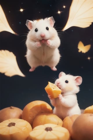 Cast magic, float in the air, starry sky background,White Hamster,surprised,cutie,Detail,idle animation,eating,white wings,white background,angry,sweet potato