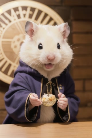 London street, medieval scene, wearing wizard robes, performing magic, magic circle background,White Hamster,surprised,cutie,Detail,eating,white wings,white 