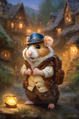 Hyper-detailed  painting, Jean-Baptiste Monge style, The cute little brave hamster is in the novice village, wearing adventurer clothes,, splash, glittering, cute and adorable, filigree, lights, fluffy, magic, surreal, fantasy, digital art, ultra hd, hyper-realistic illustration, vivid colors,  UHD, cinematic perfect light,greg rutkowski