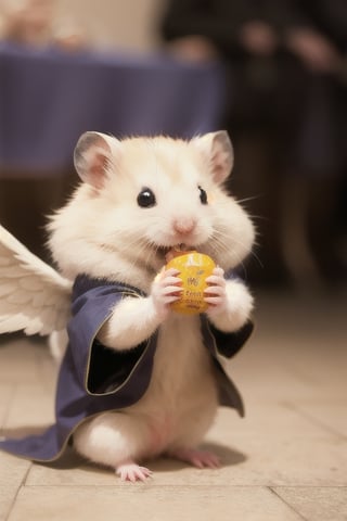 London street, medieval scene, wearing wizard robes, performing magic, magic circle background,White Hamster,surprised,cutie,Detail,eating,white wings,white 