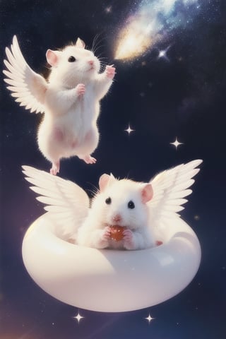 Cast magic, float in the air, starry sky background,White Hamster,surprised,cutie,Detail,eating,white wings,white 