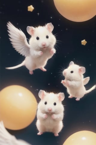 Cast magic, float in the air, starry sky background,White Hamster,surprised,cutie,Detail,eating,white wings,white 