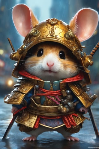 Hyper-detailed  painting, Jean-Baptiste Monge style, a gang of cute samurai little hamster gathered in the rain under an samurai armor, splash, glittering, cute and adorable, filigree, lights, fluffy, magic, surreal, fantasy, digital art, ultra hd, hyper-realistic illustration, vivid colors,  UHD, cinematic perfect light,greg rutkowski