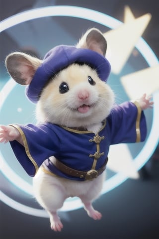 London street, medieval scene, wearing wizard robes, performing magic, magic circle background,White Hamster,surprised,cutie,Detail,white wings,white 