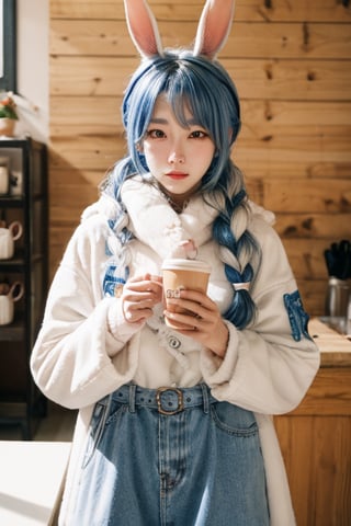 {{{{Usada Pekora}}}}, hololive, light blue hair,  orange eyes, white rabbit ears, {Two blue and white long braids}, white fur ball scarf,Cowboy shoot, coffee shop,