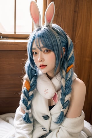 {{{{Usada Pekora}}}}, hololive, light blue hair,  orange eyes, white rabbit ears, {Two blue and white long braids}, white fur ball scarf