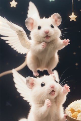 Cast magic, float in the air, starry sky background,White Hamster,surprised,cutie,Detail,eating,white wings,white 