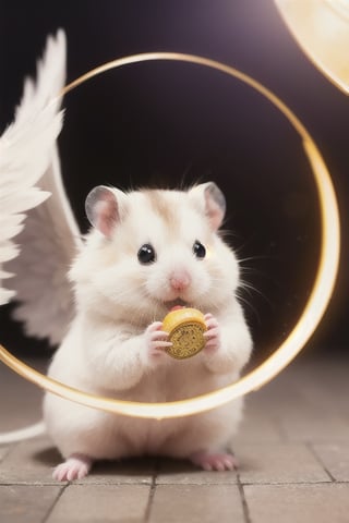 London street, medieval scene, wearing wizard robes, performing magic, magic circle background,White Hamster,surprised,cutie,Detail,eating,white wings,white 