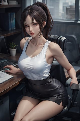 (masterpiece:1.2, best quality), 1girl, solo, long hair, ponytail, black hair, low cut white shirt, miniskirt, in office, open collabone, sleeveless,  shiny skin, looking at viewer.,