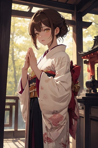 A Ultra realistic, a stunningly girl in (Pine and plum  pattern kimono:0.9), ornaments, flirting, filigree, colorful, sparkels, highlights, digital art, masterwork, brown hair, (pray with her palms together at a shrine:1.2) , amber eyes, chignon, dark theme, soothing tones, muted colors, high contrast, (natural skin texture, hyperrealism, soft light, sharp)