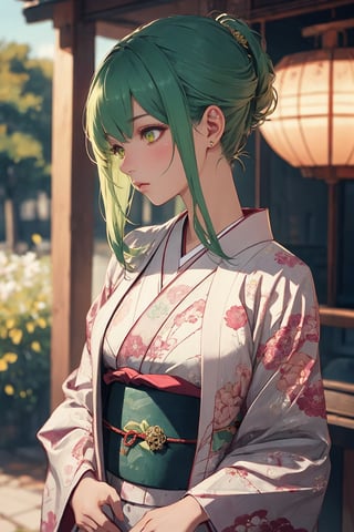 A Ultra realistic, a stunningly girl in (Peony pattern kimono:0.9), ornaments, flirting, filigree, colorful, sparkels, highlights, digital art, masterwork, green hair, shrine, amber eyes, chignon, dark theme, soothing tones, muted colors, high contrast, (natural skin texture, hyperrealism, soft light, sharp)