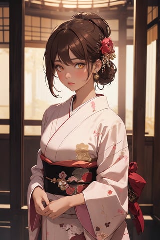 A Ultra realistic, a stunningly girl in (Peony pattern kimono:0.9), ornaments, flirting, filigree, colorful, sparkels, highlights, digital art, masterwork, brown hair, shrine, amber eyes, chignon, dark theme, soothing tones, muted colors, high contrast, (natural skin texture, hyperrealism, soft light, sharp)